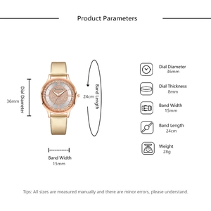 Detailed dimension chart of women's starry sky watch with rhinestones and gold strap
