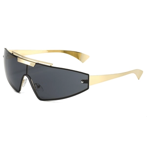 Punk style futuristic metal shield sunglasses for sports and cycling with gold frame