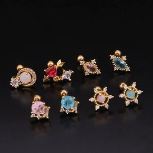 Set of 8 gold stainless steel helix earrings with colorful zircon and screw flat backs