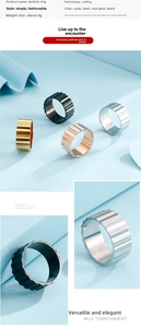 Detailed close-up of textured rings in gold, steel, black, and rose gold finishes
