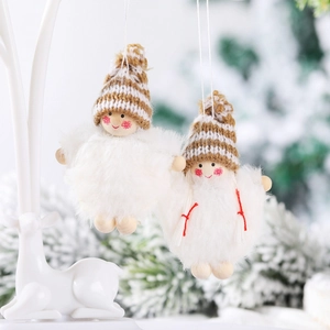 Christmas wooden angel ornaments with white plush ball and striped knitted hats set of 2