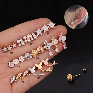 Cartilage Ear Studs Stainless Steel Zircon Flower Star Piercing Jewelry Double Head Screw Ball Back For Women