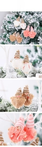 Detailed close-up of handmade knit hat plush dolls with wooden beads for Christmas trees