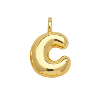 Close-up detail of the gold puffed letter C pendant, showcasing smooth polished finish and cute puffy style.