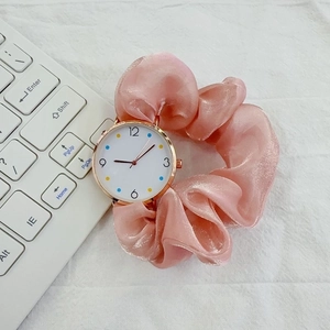 Women Quartz Watch With Scrunchie Fabric Strap Colorful Dot Markers Gold Alloy Case Elegant Analog Wristwatch For Girls