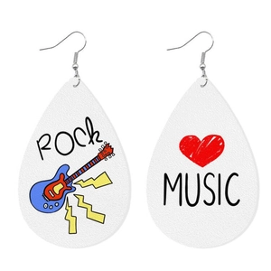 Detail of teardrop leather earrings with Rock and Music guitar prints and heart motifs