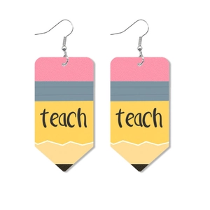 Tie-dye gradient leather pencil-shaped earrings featuring the word teach for teachers