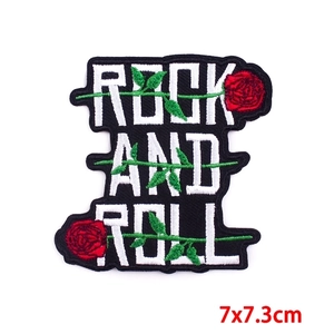 Rock and Roll punk embroidery patch with red roses for DIY jackets, size 7x7.3cm