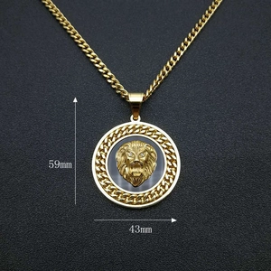 Gold plated lion head pendant necklace with cuban chain 59mm by 43mm size display