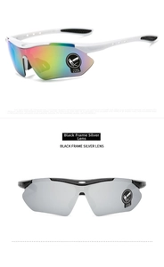 Detail view of sports sunglasses featuring white and black frames with mirrored lenses