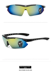 Detail of blue sports sunglasses with colorful reflective anti-explosion lenses