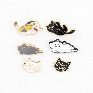 Detail of 6-piece cute enamel cat lapel pins set with Cat Lady text on gold metal finish