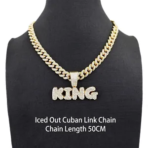 Hip hop 50cm gold plated Cuban link chain with iced out KING letter pendant for men