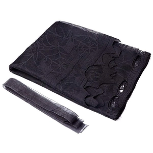 Black lace Halloween fireplace scarf with spider web and bat patterns on white backdrop