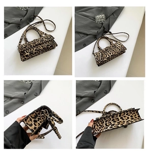 Detail view of leopard print crossbody bag showing front, side and bottom angles