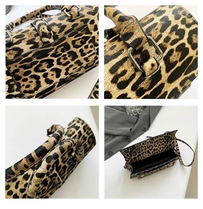Detail shots of leopard print PU leather crossbody bag featuring antique silver hardware