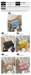 Detail of tweed crossbody bag featuring a daisy pattern strap and metal buckle closure