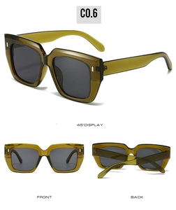 Detailed views of olive green square sunglasses with rivet decor from multiple angles