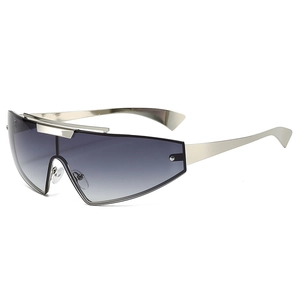 Futuristic silver metal wrap-around sunglasses with grey gradient lenses for sports