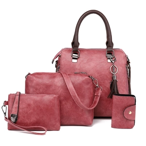 Ensemble vintage de 4 sacs à main en cuir PU rose foncé avec sac cabas et pompons