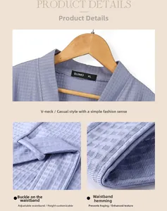 Detail view of V-neckline and durable belt stitching on lavender waffle texture bathrobe