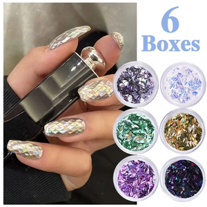 6-box set of holographic nail glitter sequins featuring iridescent geometric shapes and colors