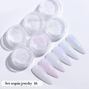 Close-up of 6-color iridescent nail glitter set with pink and white sequin swatches