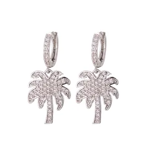 Elegant silver long tassel palm tree drop earrings with sparkling white cubic zirconia