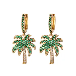 Vacation Style Coconut Tree Pendant Drop Earrings Copper With Green White Zirconia Tropical Palm Tree Earrings For Women Jewelry