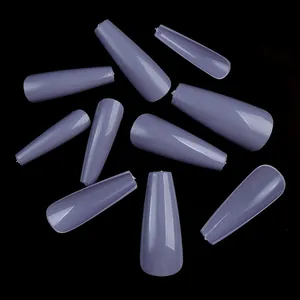 Long coffin press on nails in dusty purple matte finish displayed on black background