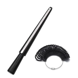 Detailed view of ring sizer mandrel and plastic finger gauge set for US sizes 0-13