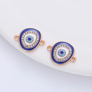 Blue enamel evil eye connector charm with gold plating and rhinestones for DIY jewelry