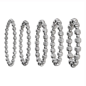 Set of five silver stainless steel beaded bracelets with alternating smooth and faceted beads