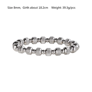 Detail view of 8mm textured stainless steel beads with size and weight specifications