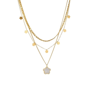 Three-layer vintage gold plated stainless steel necklace with white floral shell pendants