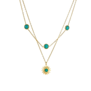 Double-layered golden stainless steel necklace with turquoise sun pendant on white background