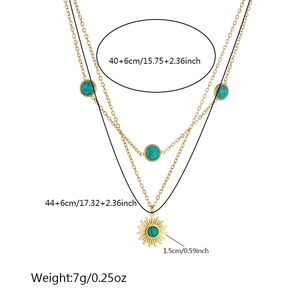 Double-layer stainless steel sun necklace with turquoise pendant and size annotations