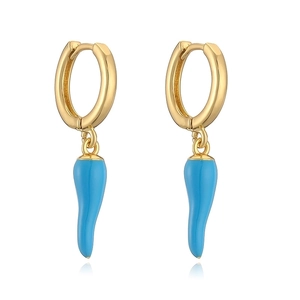 Chic gold hoop earrings with bright blue enamel chili pepper pendants on white background