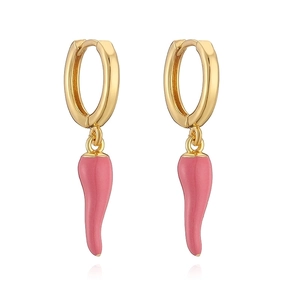 Pink enamel chili drop earrings with gold hoops on a white reflective background