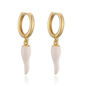 Close-up of golden hoop earrings with white enamel chili-shaped pendant on white background