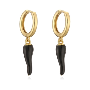 Close-up of gold-plated hoop earrings with black enamel chili-shaped horn pendants