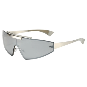 Futuristic wraparound rimless sunglasses with silver metal frame and grey tinted lenses