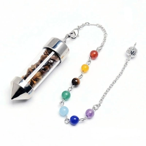Cone crystal wishing bottle pendulum with colorful chakra beads on a silver chain