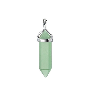 Macro shot of green hexagonal crystal pendant with polished silver metallic bail