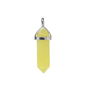 Close-up of a yellow hexagonal crystal pillar pendant with silver metal clasp detail