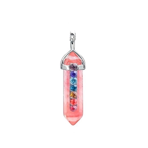 Pink hexagonal crystal column pendant with silver clasp and colorful seven chakra rhinestones