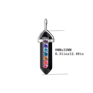 Black hexagonal prism crystal pendant with seven chakra stones and dimensions 8x32mm
