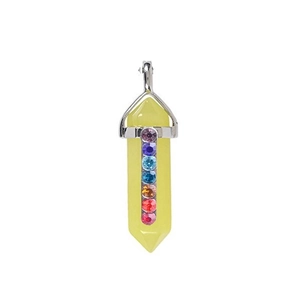 Detail of hexagonal light yellow crystal pendant with seven colorful inlaid gemstones
