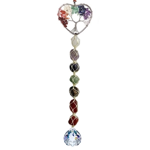 Seven Chakra Tree of Life wall hanging with colorful stones and faceted crystal ball