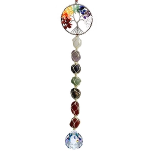 Seven Chakra Tree of Life car hanging ornament with raw natural crystals and glass prism ball